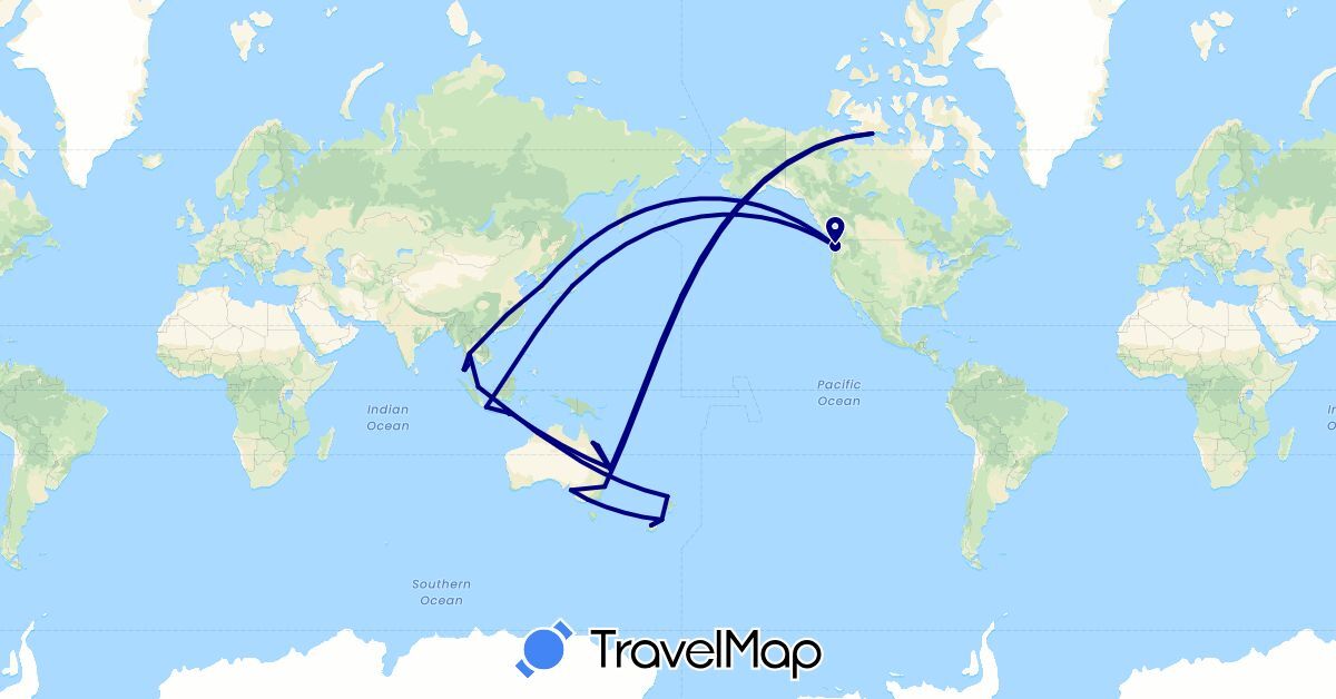TravelMap itinerary: driving in Australia, Canada, Indonesia, Japan, South Korea, New Zealand, Singapore, Thailand, United States (Asia, North America, Oceania)